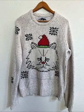 UO CHARACTER HERO Grumpy Cat Christmas Santa Hat Sweater White Speckled Knit M